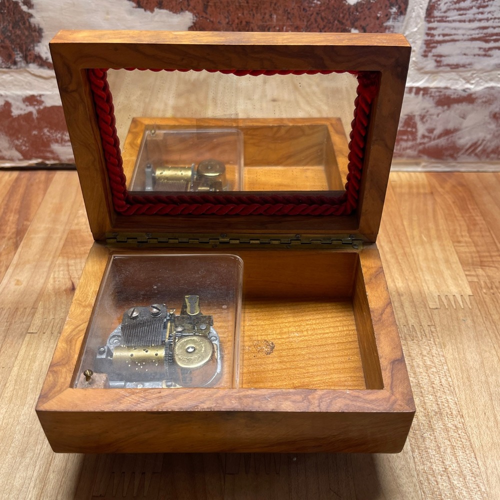 Vintage Reuge Swiss Music Box Wood Jewelry Case Minuet de Don Juan Footed Mirror